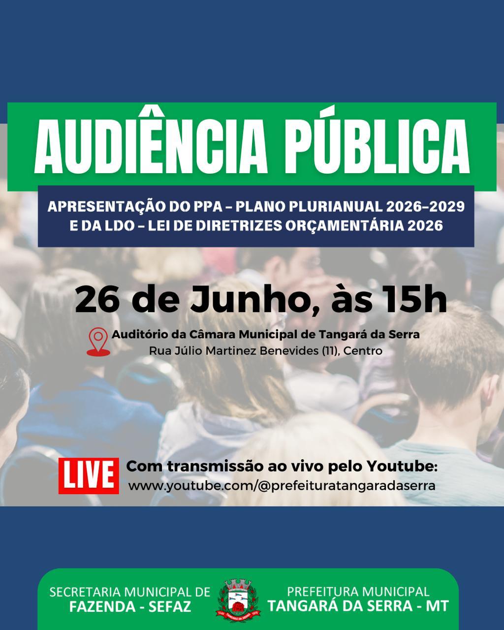 Metas fiscais e prioridades do município para 2026-2029 serão apresentadas em audiência pública na Câmara